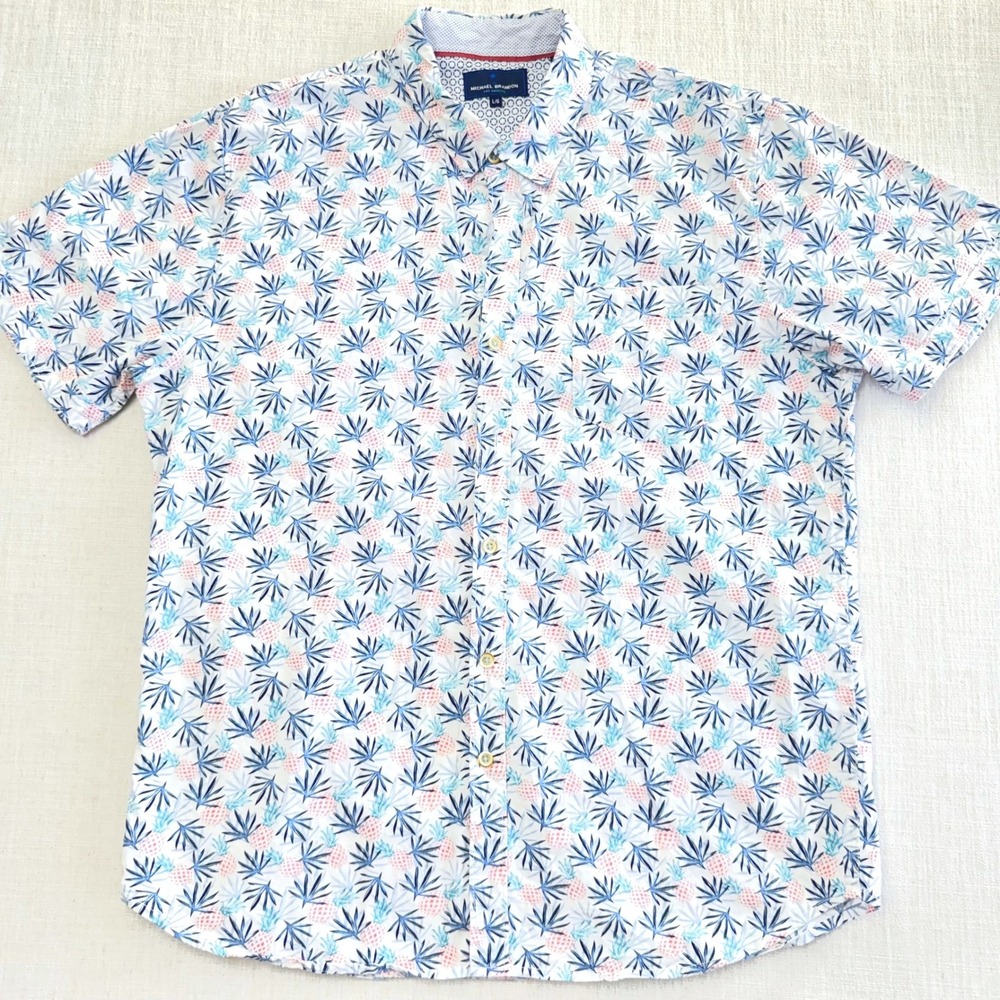 Michael Brandon Mens Large Cotton Short Sleeve Pineapple Palm Print Button Shirt